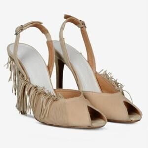 Maison Margiela Fringed Crepe & Suede Slingback Peep Toe Stiletto Pumps NEW 37